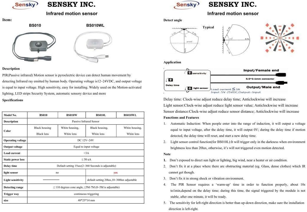 Sensky BS010W Motion Sensor Light Switch - DC 12V to 30V PIR Motion Sensor with Adjustable Delay Time and Detection Distance - for LED Strip Lighting Systems and Indoor Security Detectors