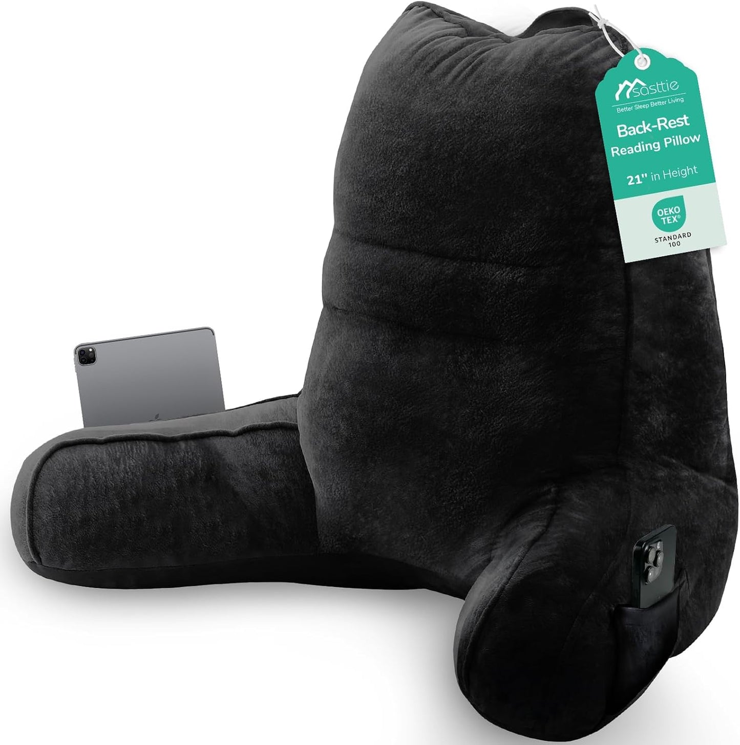 Sasttie Reading Pillows for Sitting in Bed Adult, Back Pillow Bed Sitting Up, Back-Rest Support Cushion for Sit Up on Couch, Sofa, and Floor, Dorm Essentials, Oeko-Tex Certified, Dark Grey