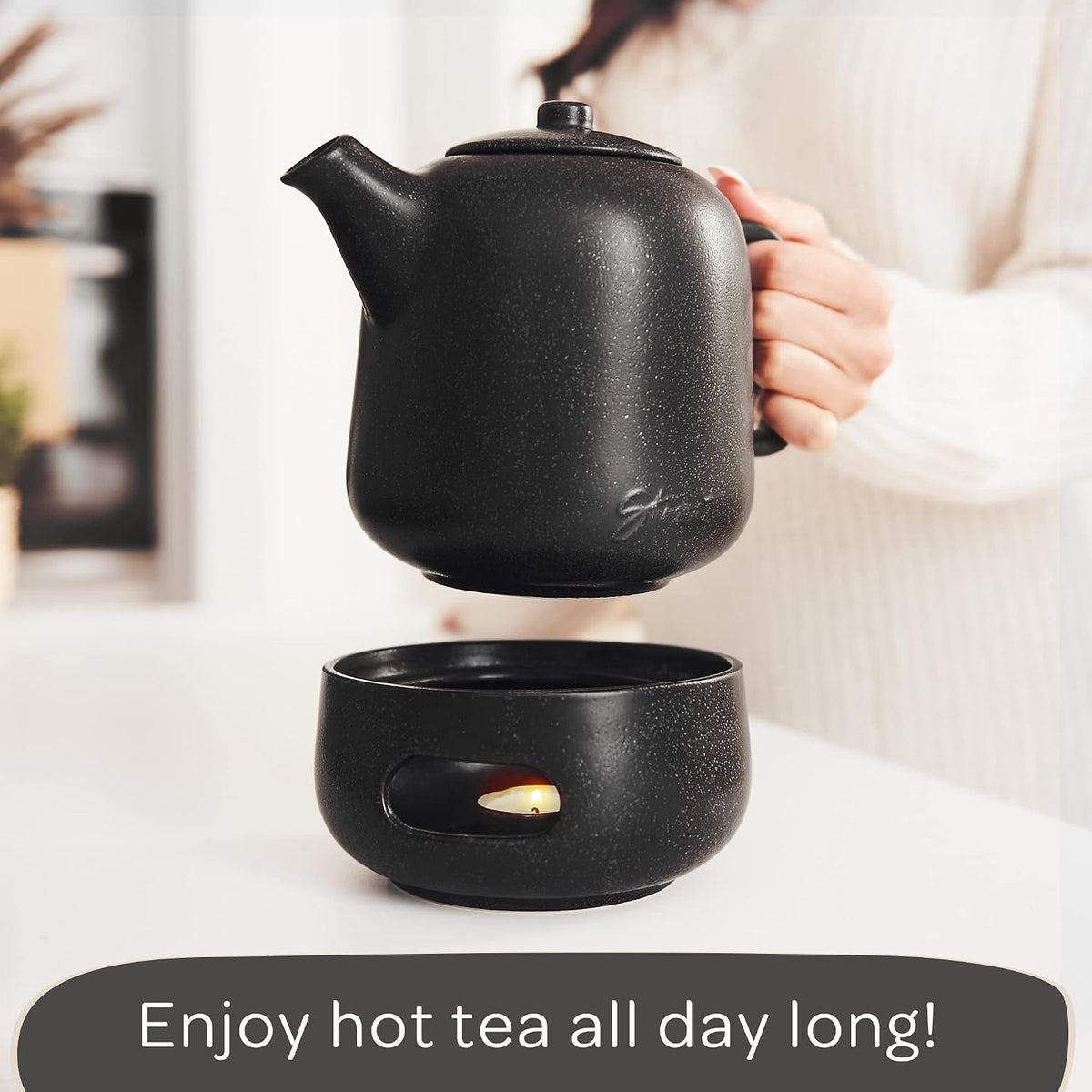 Steinzeit Design Tea Pot (44 oz) - Premium Ceramic Teapot with Infuser for Loose Tea - Black Teapot Ceramic with Removable Strainer