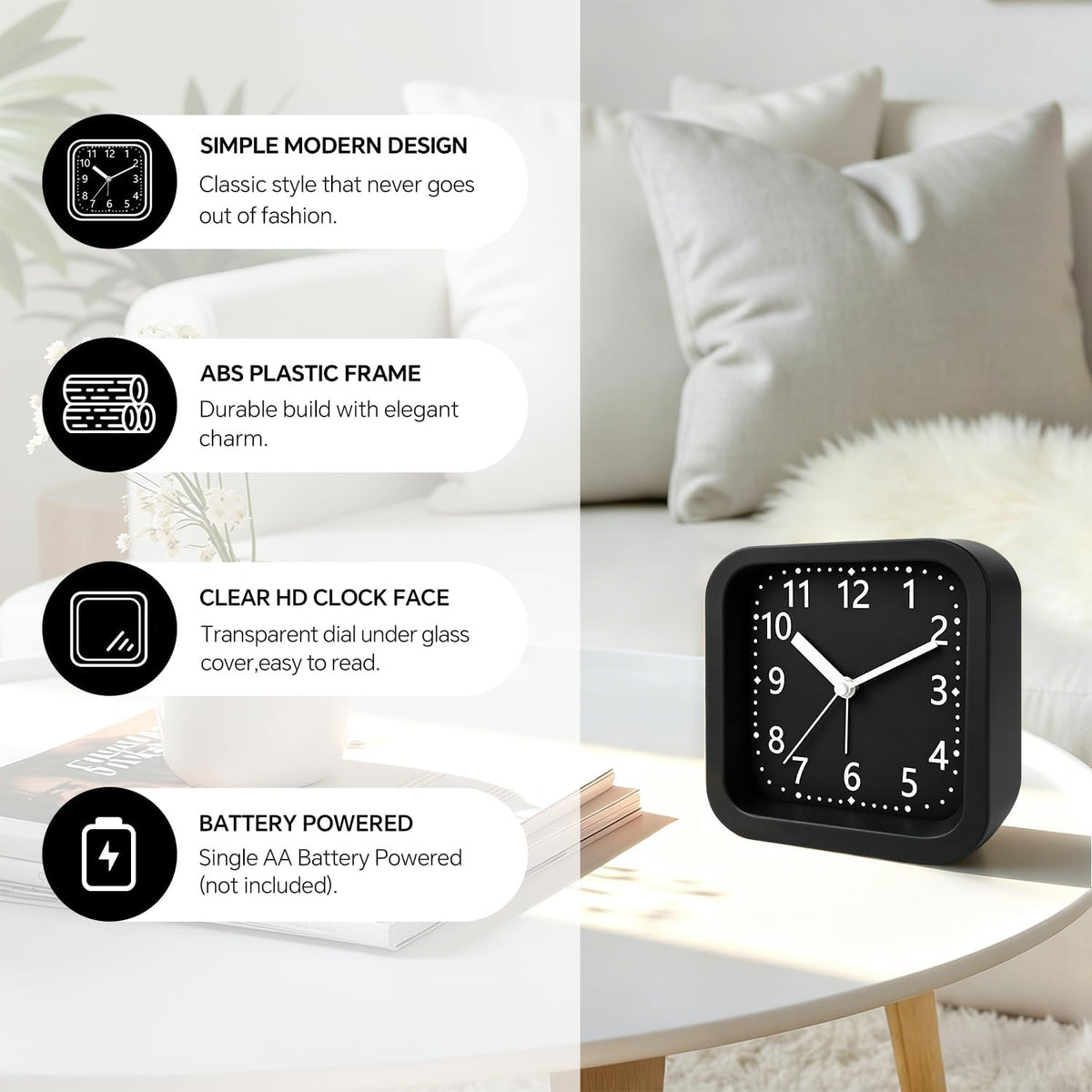 Loud Alarm Clock for Heavy Sleepers, 4.5" Simple Square Analog Alarm Clocks with Silent Movement Battery Operated Easy-to-Read Dial, Plastic Small Desk Clock for Bedroom Teens Seniors, Black