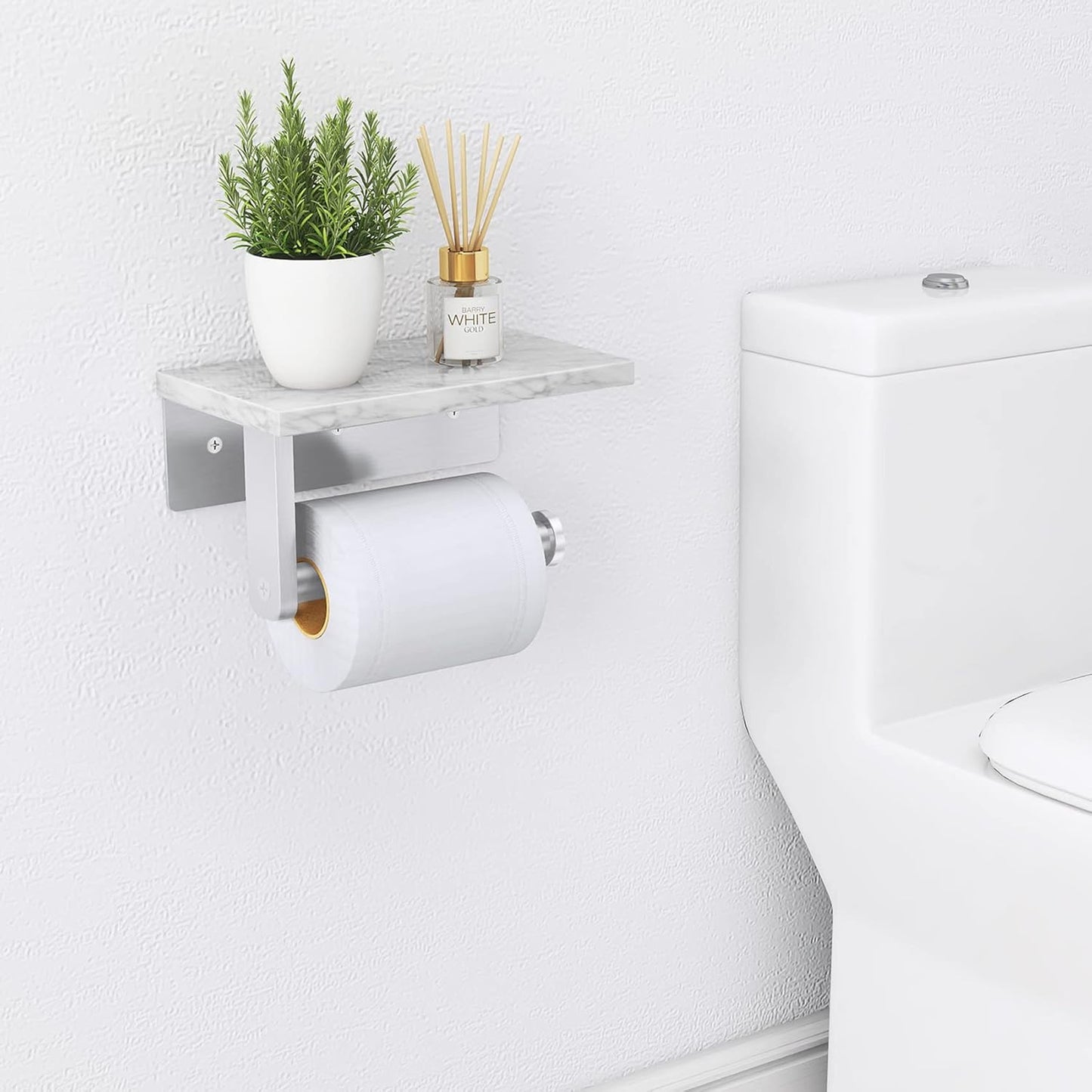 Gypie Marble Toilet Paper Holder with Shelf, Wall Mounted Matte Black | Stainless Steel Tissue Roll Paper Holder Dispenser for Bathroom Washroom