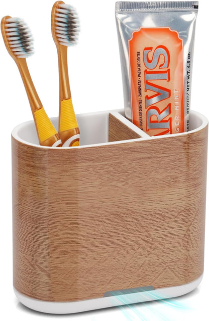 Bamboo Toothbrush Holder for Bathrooms Toothpaste Organizer, Small, White | 2 Slots, Easy to Clean, Plastic, Kids Electric Toothbrush, Drainage, Removable, For Bathroom, Vanity, Kitchen Sink, Office