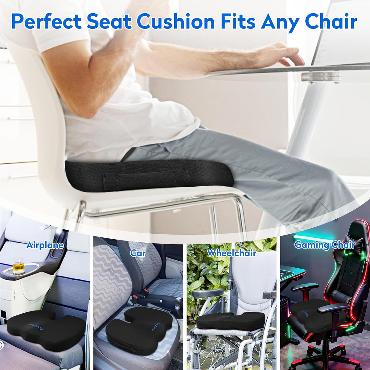 CushZone Seat Cushion Memory Foam Chair Pad for Office & Car, Black