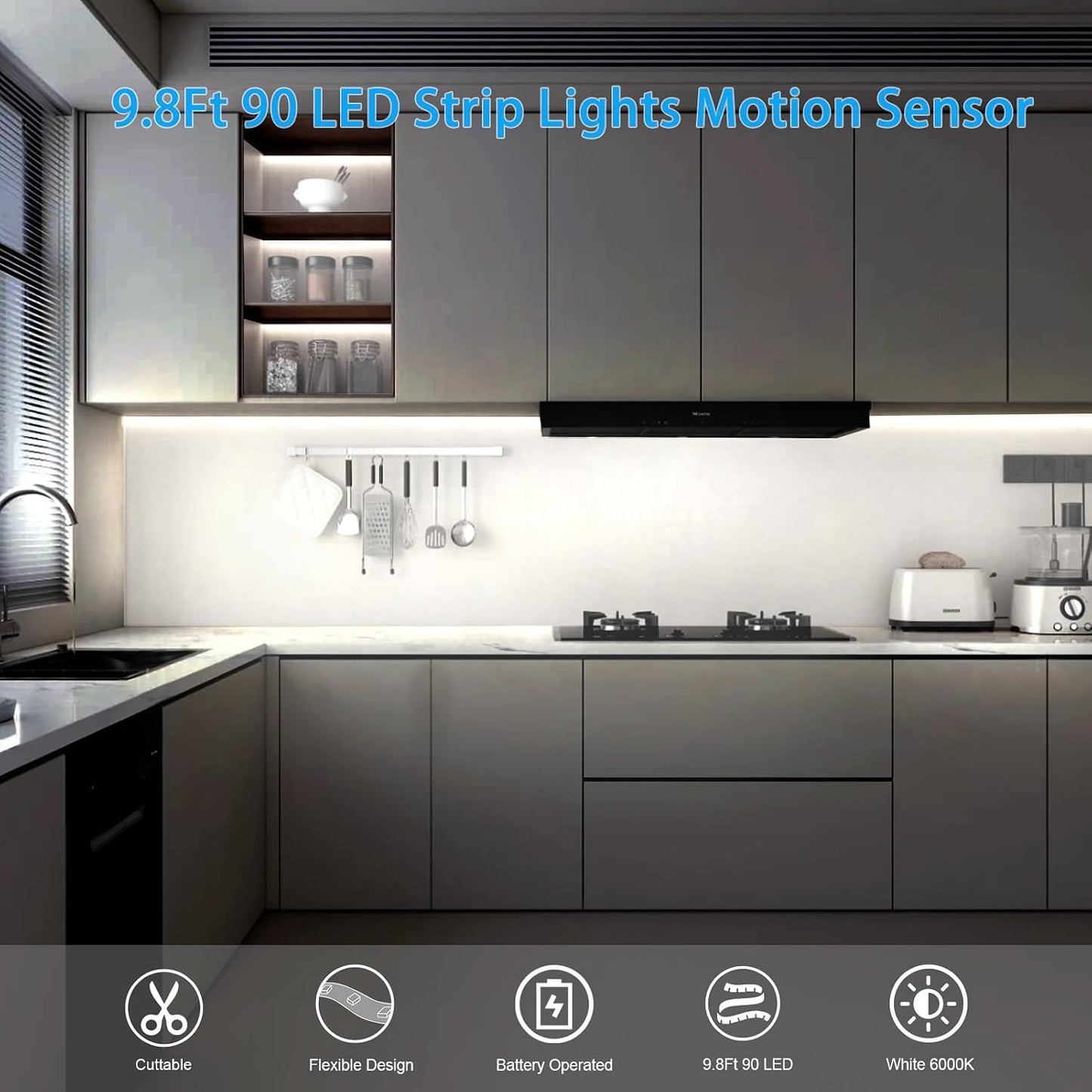 9.8Ft 90 LED Battery Operated Motion Sensor Closet Strip Lights for Stairs | Motion Sensor Cabinet Strip Lights, Motion & Night Sensor Safe Tape Light for Cupboard Wardrobe Kitchen (Cool White)