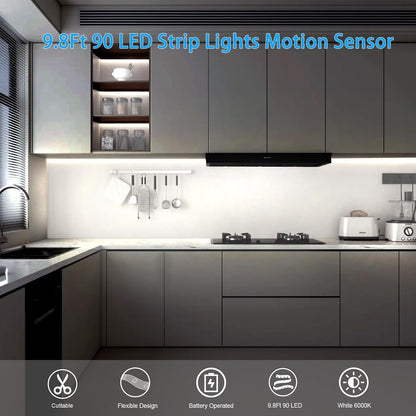 9.8Ft 90 LED Battery Operated Motion Sensor Closet Strip Lights for Stairs | Motion Sensor Cabinet Strip Lights, Motion & Night Sensor Safe Tape Light for Cupboard Wardrobe Kitchen (Cool White)