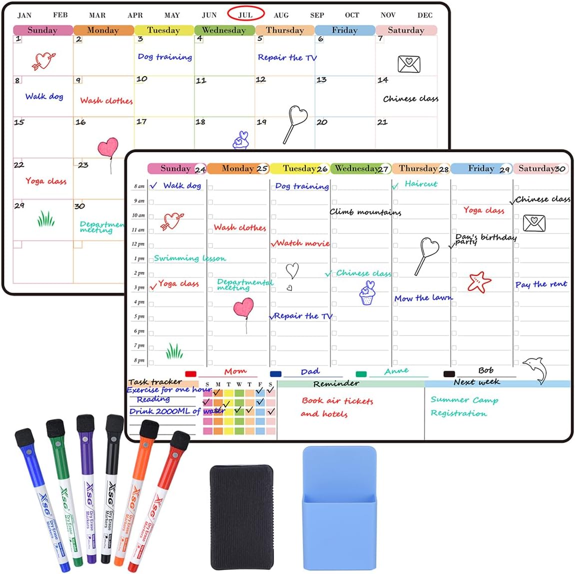 POPRUN Dry Erase Weekly Calendar Whiteboard, Magnetic Hourly Schedule Board | 16.9 x 11" Weekly Planner for Fridge, Time Slots, Family Daily Planning for Refrigerator, Homeschool, Work