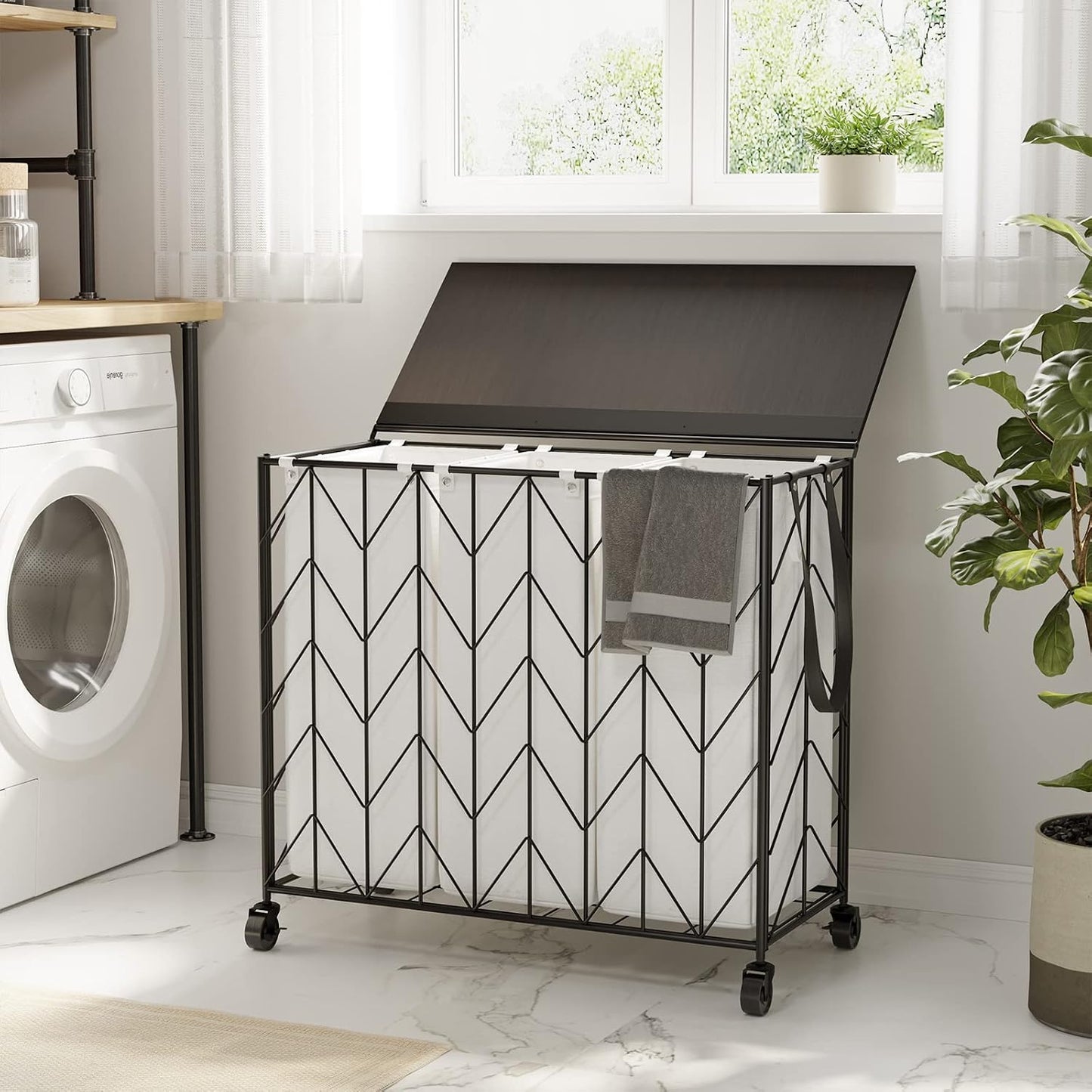 WOWLIVE Laundry Hamper 3 Section with Lid, 142L Laundry Basket with Wheels | Rolling Dirty Clothes Hamper with Removable Bags, Large Iron-Made Laundry Basket Organizer Laundry Sorter for Dorm, Beige