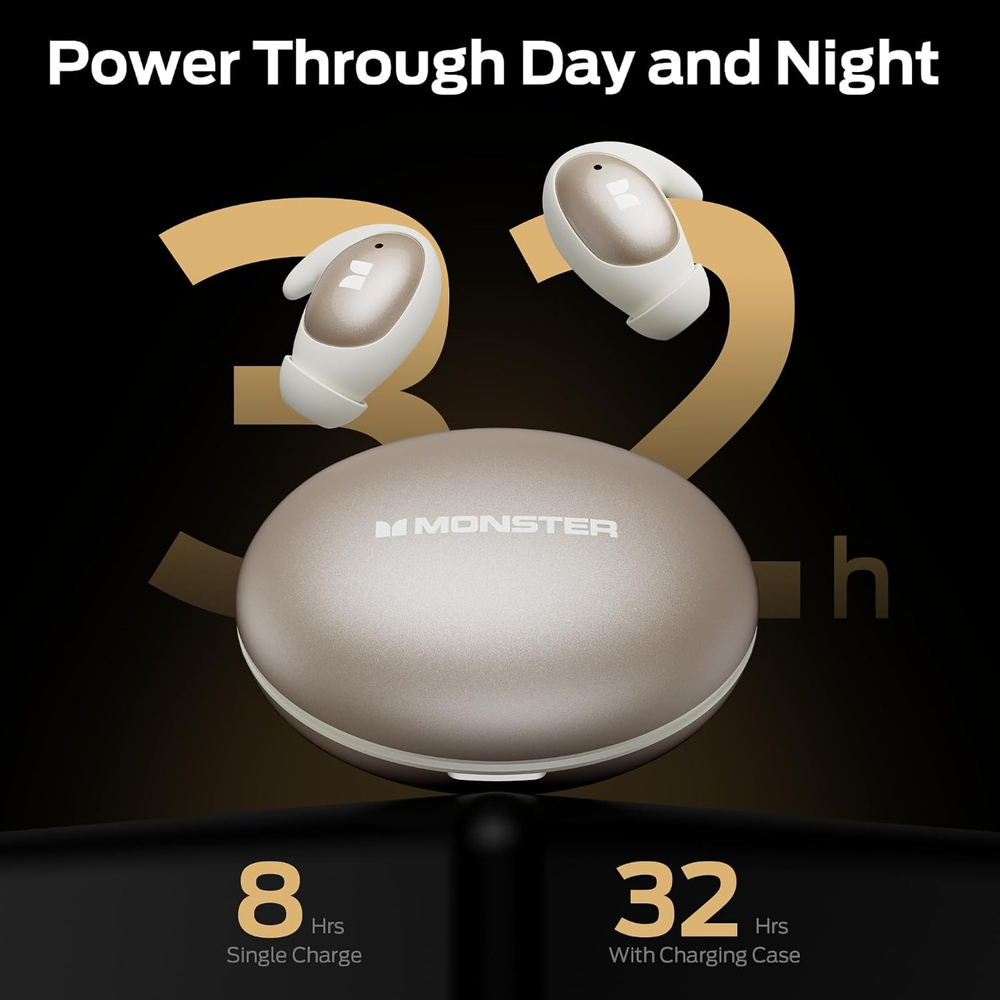 Monster Sleep Ear100 Ear Buds, Sleep Earbuds with Stereo Sound, Design for Side Sleeper, 32H Playtime, Bluetooth 6.0, ENC Noise Cancelling, IPX6 Waterproof Mini Headphones, White