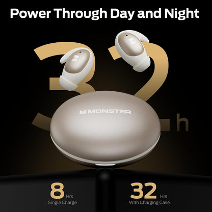 Monster Sleep Ear100 Ear Buds, Sleep Earbuds with Stereo Sound, Design for Side Sleeper, 32H Playtime, Bluetooth 6.0, ENC Noise Cancelling, IPX6 Waterproof Mini Headphones, White