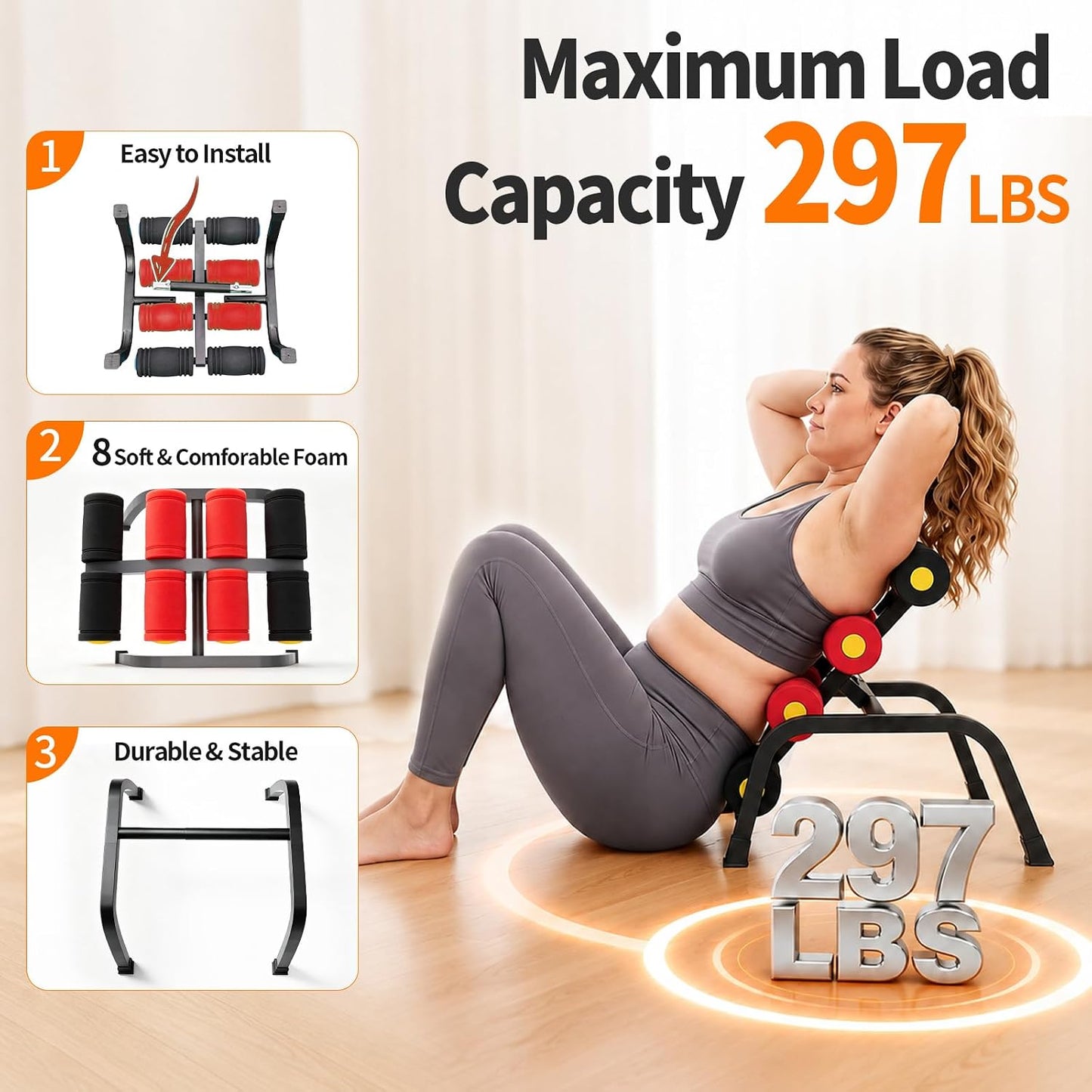 Mini Inversion Table with Rollers, Back Extension Machine | Back Pain Relief, Easy to Assemble & 297LBS Weight Capacity, Spinal Decompression Table for Home Gym (Red)