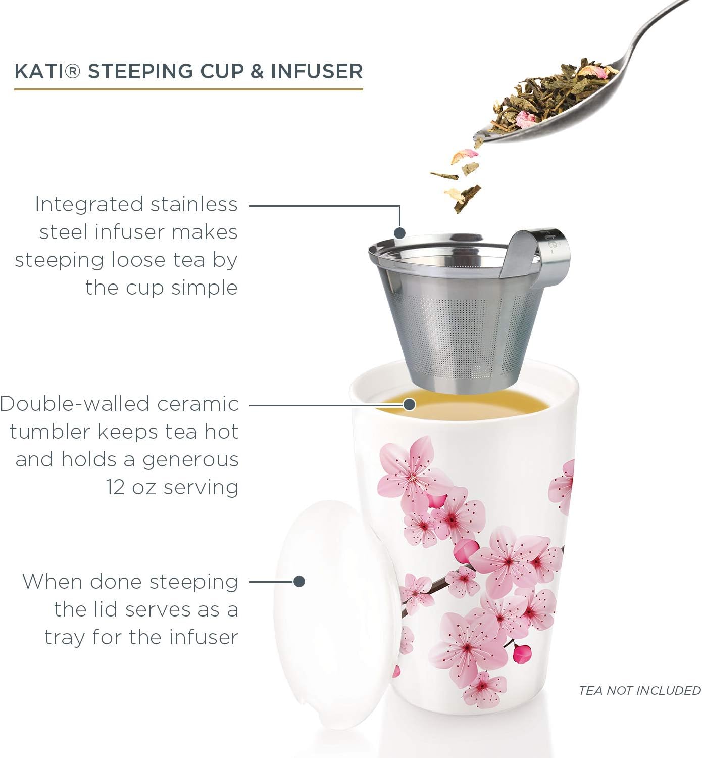 Tea Forte Double-Walled Ceramic Kati Cup, Noir, 12 oz | Insulated Ceramic - Stainless Steel Loose Leaf Infuser - Keeps Tea Hot Longer - Lid Included - Microwave & Dishwasher Safe