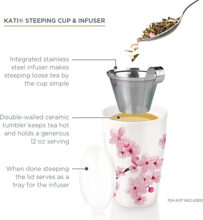 Tea Forte Double-Walled Ceramic Kati Cup, Noir, 12 oz | Insulated Ceramic - Stainless Steel Loose Leaf Infuser - Keeps Tea Hot Longer - Lid Included - Microwave & Dishwasher Safe