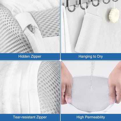 Shoe Washing Bag for Washing Machine, Fluffy Fibers Keep 360° Wrap-around Cleaning, Adjustable Shoe Trees, Durable Hidden Zipper Reusable Laundry Bag for Sneaker Gym Shoes White