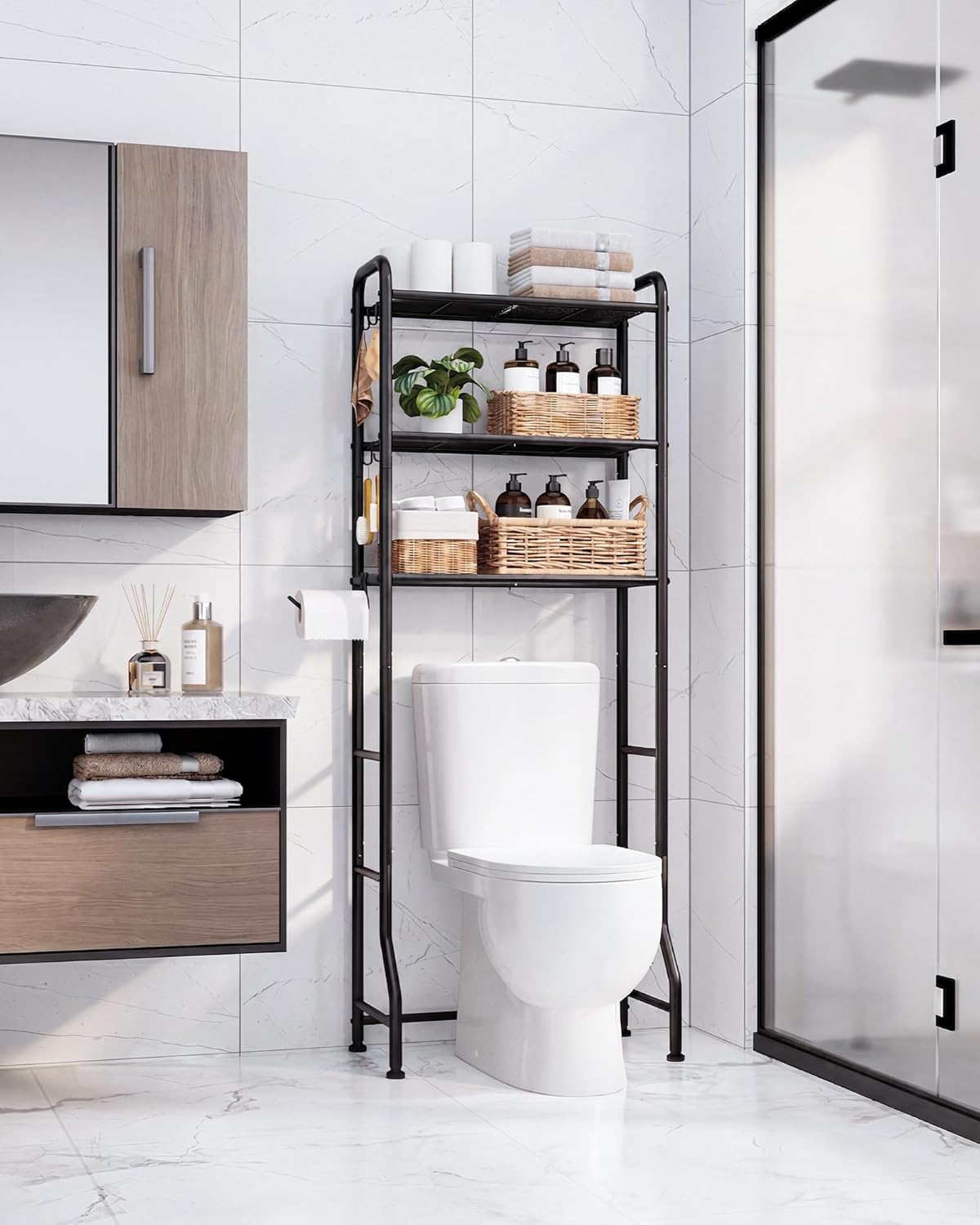 Kitsure Over Toilet Storage Rack, 63.2" H Space-Saving, Holder & Hooks | Bathroom, Laundry Room, Small Spaces, Families, Durable Metal, Black, 3 Tier