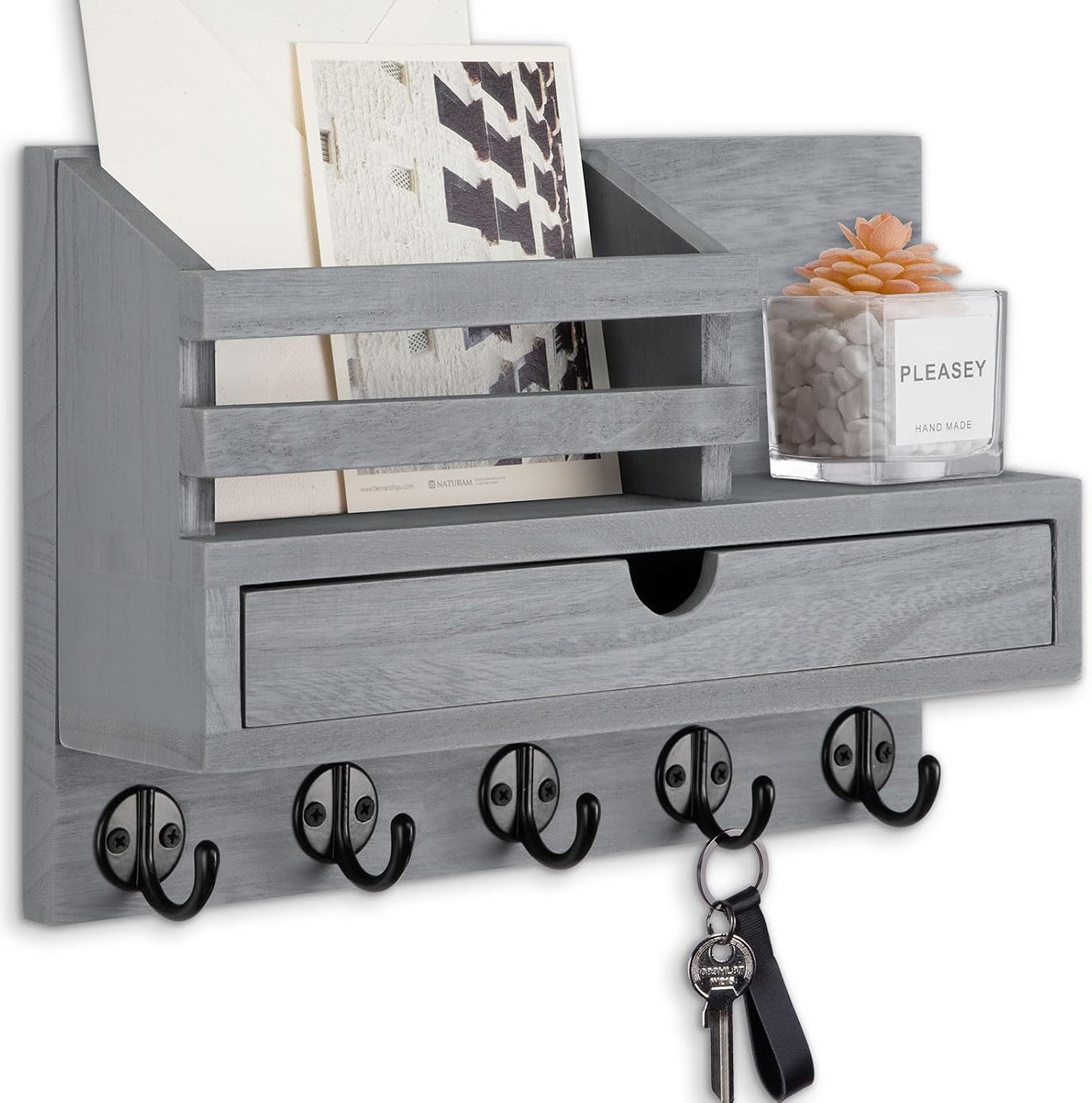Key Holder Wall Mount, Mail Holder with Storage Drawer | Key and Mail Holder with 5 Key Hooks for Coat, Dog Leash, Home Decor Rack, House Accessories, Entry Way Organizer