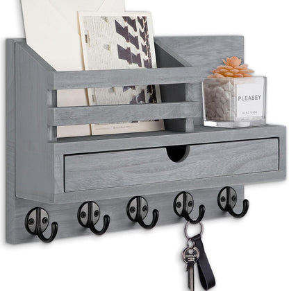 Key Holder Wall Mount, Mail Holder with Storage Drawer | Key and Mail Holder with 5 Key Hooks for Coat, Dog Leash, Home Decor Rack, House Accessories, Entry Way Organizer