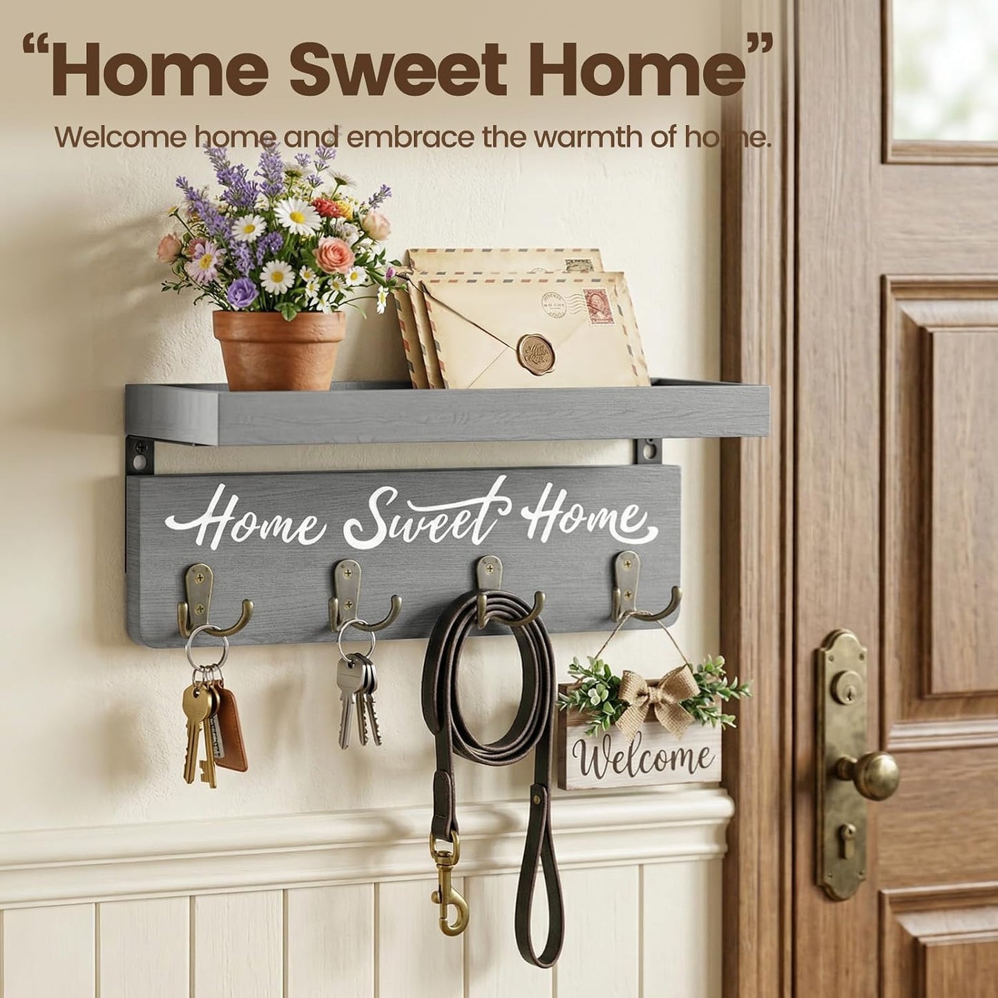 buways Key Holder Wall Mount with 8 Hooks and Cozy Home Sign (Gray) | Solid Wood, Floating Shelf for Keys, Mail, and Daily Essentials in Entryways, Hallways or Home Decor
