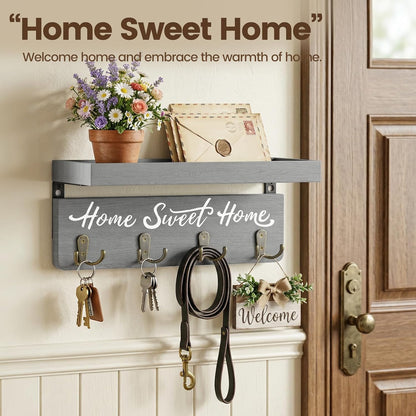 buways Key Holder Wall Mount with 8 Hooks and Cozy Home Sign (Gray) | Solid Wood, Floating Shelf for Keys, Mail, and Daily Essentials in Entryways, Hallways or Home Decor