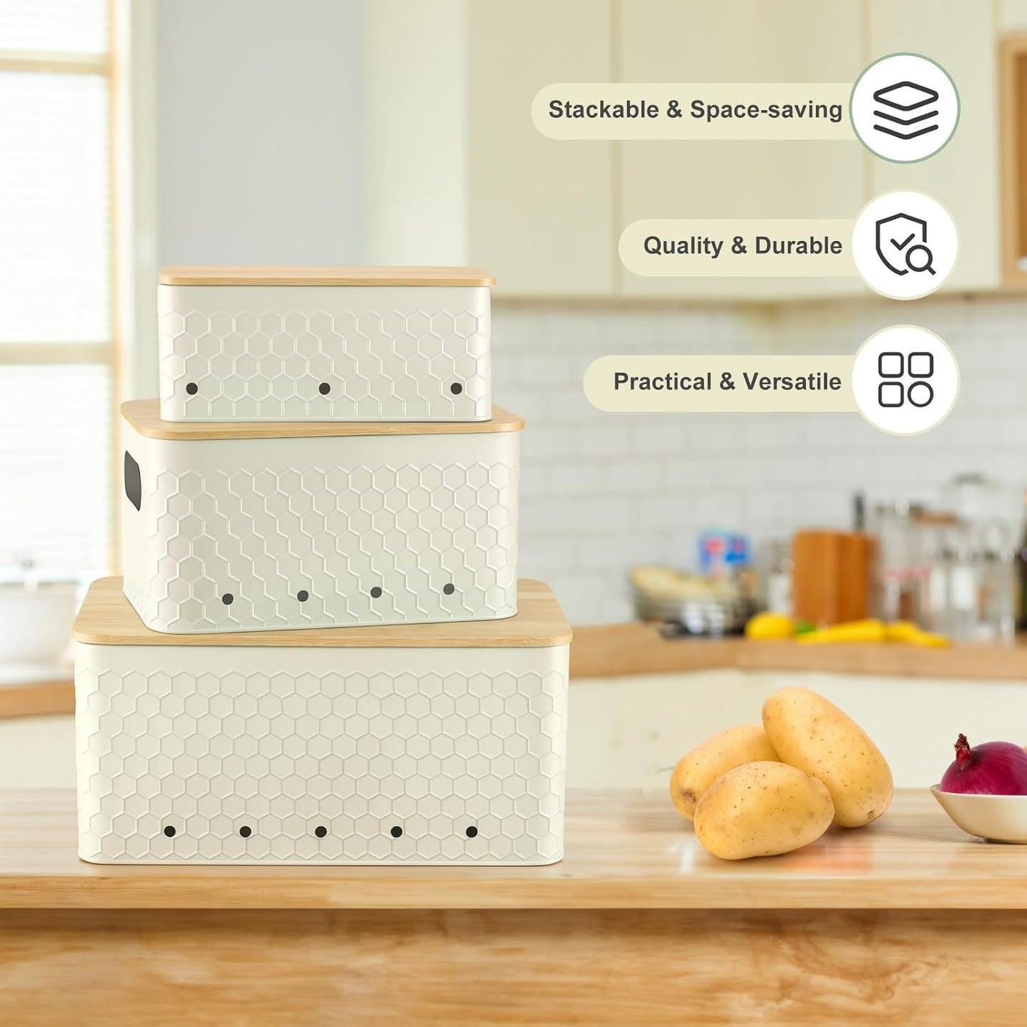 Kitchen Vegetable Storage Set of 3, Metal Onion Garlic Potato Storage Set, Kitchen Canisters Vegetable Keeper Containers with Aerating Holes and Bamboo Lid,Black