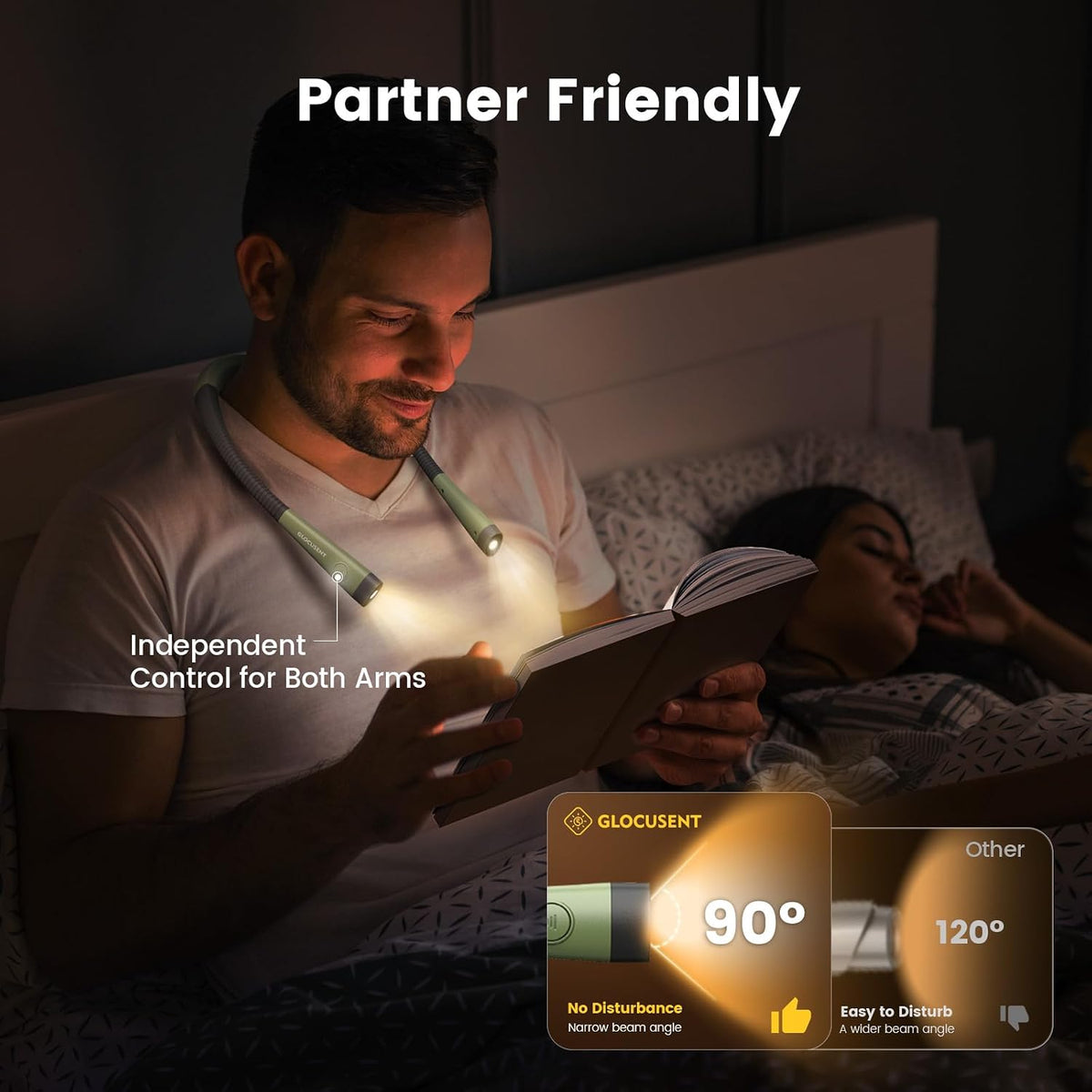 Glocusent Upgraded LED Neck Reading Light, Book Light for Reading in Bed
