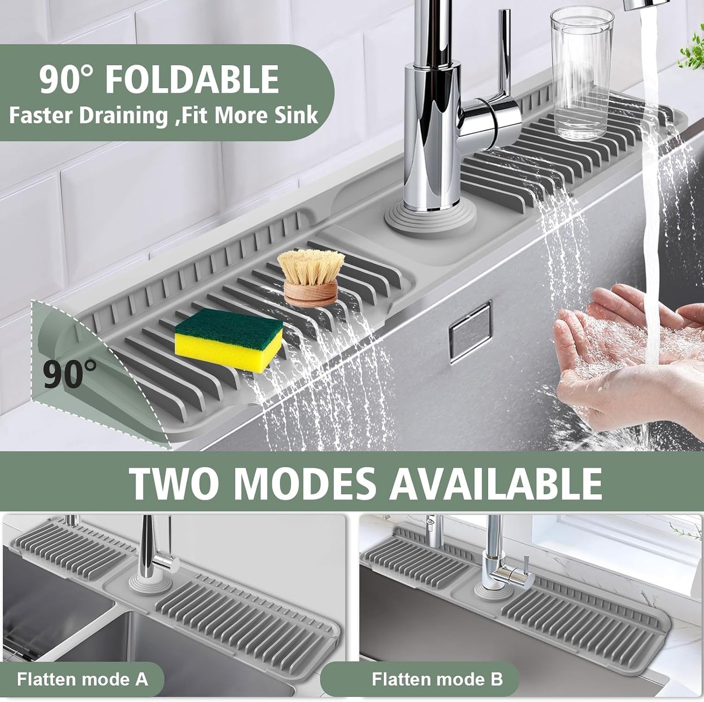 17.7-Inch Kitchen Sink Splash Guard Mat | 7° Slope for Fast Self-Draining | Snap-Lock Design | Universal & Cuttable Silicone Faucet Mat Gray