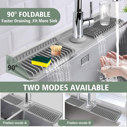 17.7-Inch Kitchen Sink Splash Guard Mat | 7° Slope for Fast Self-Draining | Snap-Lock Design | Universal & Cuttable Silicone Faucet Mat Gray