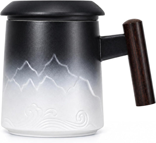 Tea Cup with Infuser and Lid, 14oz Ceramic Loose Leaf Tea Steeper Cup with Wood Handle and Cup Lid, Blue, Black | 14oz Ceramic Tea Mug with Lid, Loose Leaf Tea Steeper Cup with Wood Handle for Tea Lovers Gifts