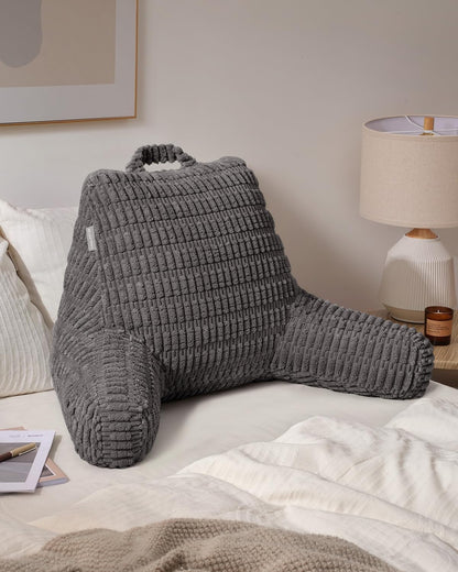 Blissful Diary Reading Pillow, Backrest Pillow with Shredded Memory Foam for Adult & Children, Designed for Bed and Couch Sitting Up, Includes Arms, Pockets and Washable Cover, Off White