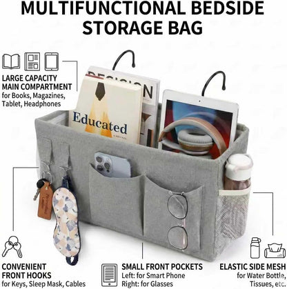 1pc Bedside Caddy Organizer with Hooks, No-Sagging Canvas Hanging Bed Pocket with Water Bottle Holder, Bedside Storage for Dorm Room Essentials, Bunk Bed Accessories, Hospital Bed Rails & Crib (pink)