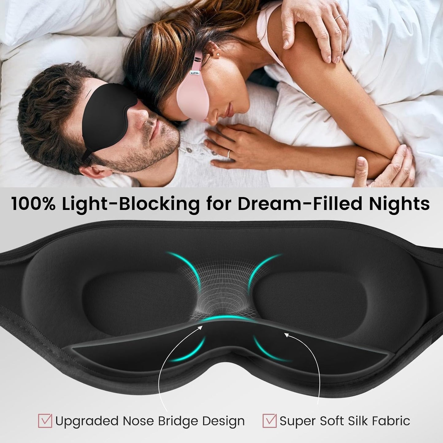 Audree Sleep Eye Mask for Men and Women - Perfect Blackout 3D Eye Mask for Restful Sleep | 100% Light Blocking with Nose Bridge Design | Soft Comfort Eye Shade Cover for Travel, Yoga, Naps (Gray)