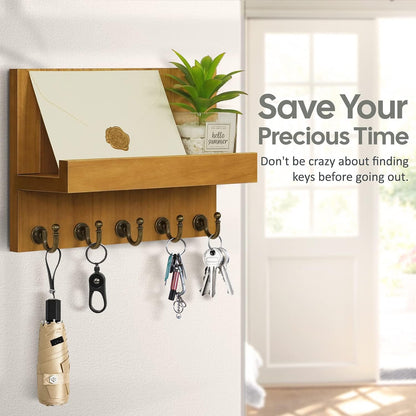 HONJIN Key Holder Wall Mount with Shelf and 5 Sturdy Key Hooks (White) | Key and Mail Holder Wall Mount, Wooden Entryway Organizer and Decorative, Easy Installation, 10*3.8*6.85 Inch