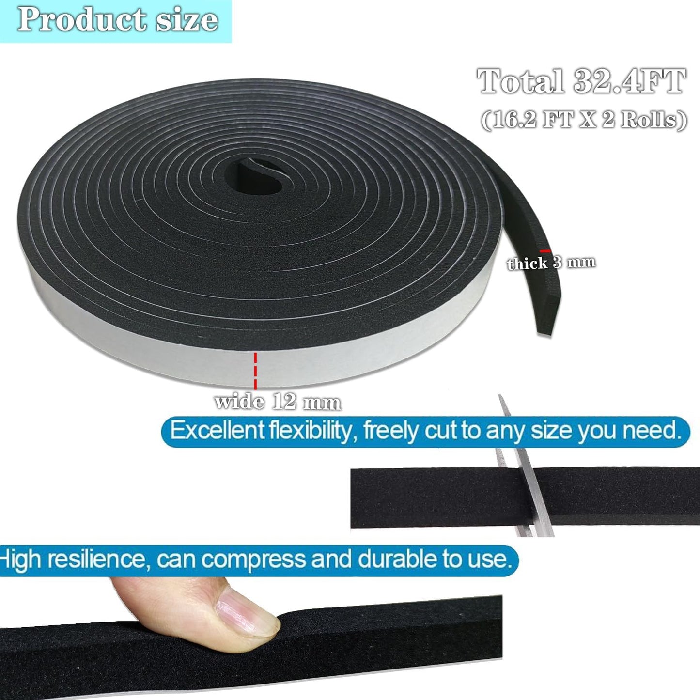 Weather Stripping Foam Tape 2 Rolls (1/2 in x 1/8 in x 16.4FT), Self Adhesive Door Seal for Small Gaps, Window Insulation, Draft Stopper Foam Strip Total 32.8 FT