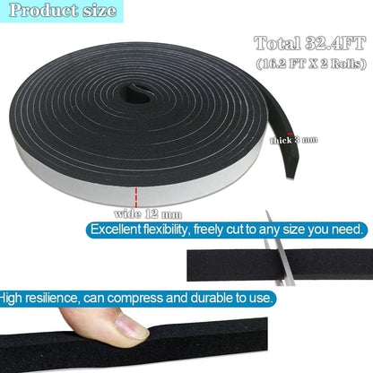Weather Stripping Foam Tape 2 Rolls (1/2 in x 1/8 in x 16.4FT), Self Adhesive Door Seal for Small Gaps, Window Insulation, Draft Stopper Foam Strip Total 32.8 FT