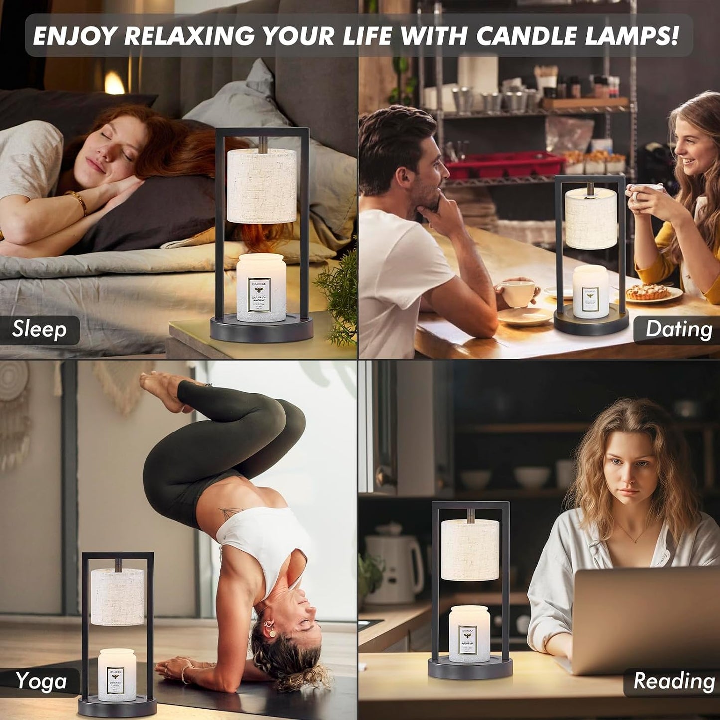 Candle Warmer Lamp with Timer, Black Candle Lamps Linen Fabric Shade, 3-Level Dimmable Candle Warming Wax Melt Warmer for Scented Wax, 50W Electric Warmer Lamp for Women Home Decor (2 Bulbs Included)