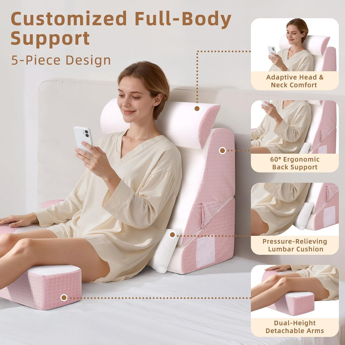 Foldable Reading Pillow for Sitting in Bed Adult, White/Grey, 19"