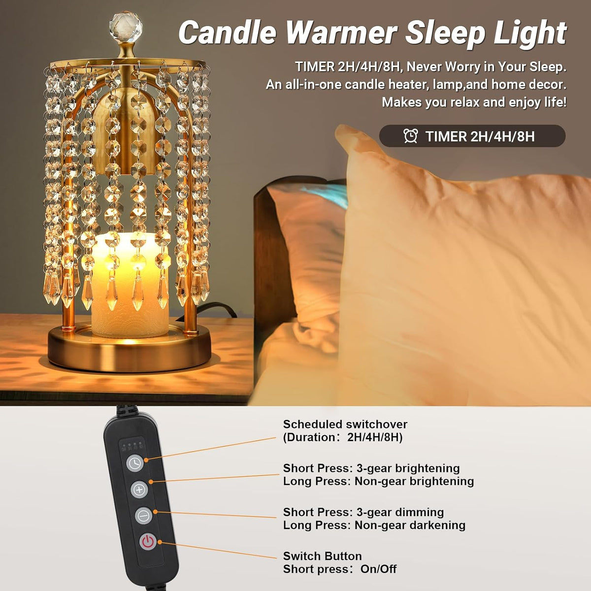 Gold Candle Warmer Lamp with Timer and Dimmer - Electric Candle Warmer,Crystal Candle Lamp for Bedroom Decor,Flameless Scented Candle Light Warmer,House Warming Gift New Home for Women