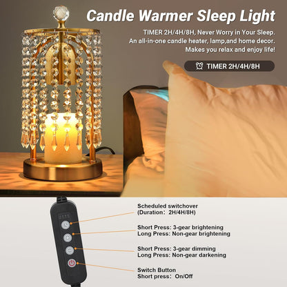 Gold Candle Warmer Lamp with Timer and Dimmer - Electric Candle Warmer,Crystal Candle Lamp for Bedroom Decor,Flameless Scented Candle Light Warmer,House Warming Gift New Home for Women