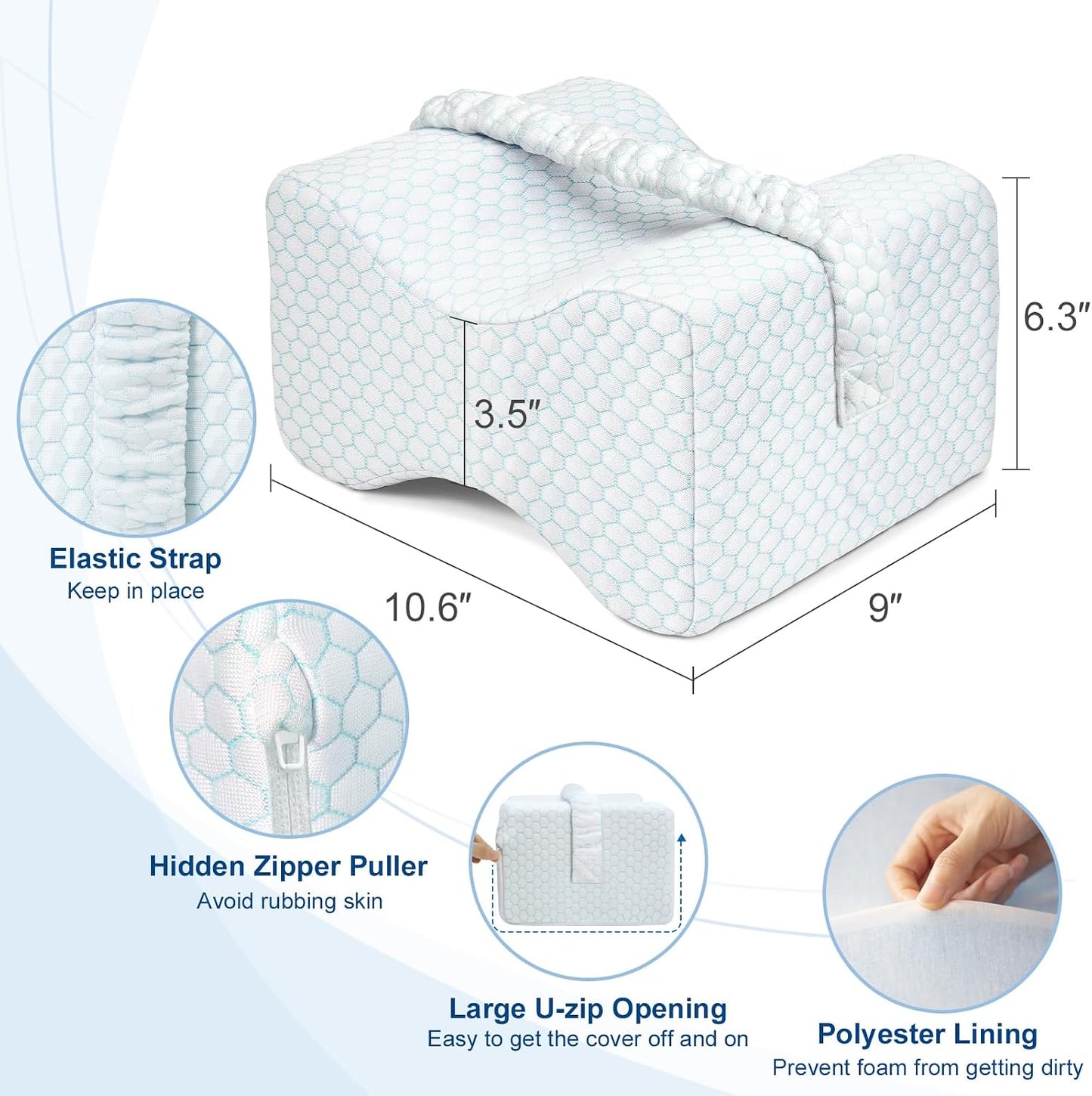 KingPavonini Leg Pillow for Side Sleeping, White & Green | Cooling Gel Memory Foam Knee Pillow for Side Sleepers, Ice Silk Cover & Adjustable Strap, Relieves Hip, Sciatica & Back Pain