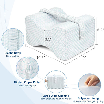 KingPavonini Leg Pillow for Side Sleeping, White & Green | Cooling Gel Memory Foam Knee Pillow for Side Sleepers, Ice Silk Cover & Adjustable Strap, Relieves Hip, Sciatica & Back Pain