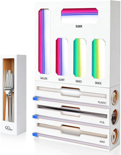 9 in 1 Foil and Plastic Wrap Dispenser with Cutter, Black Bamboo Ziplock Bag Organizer for Drawer - Holds Gallon, Quart Bags & Aluminum Foil/Wax Paper, Wall Mountable Kitchen Storage
