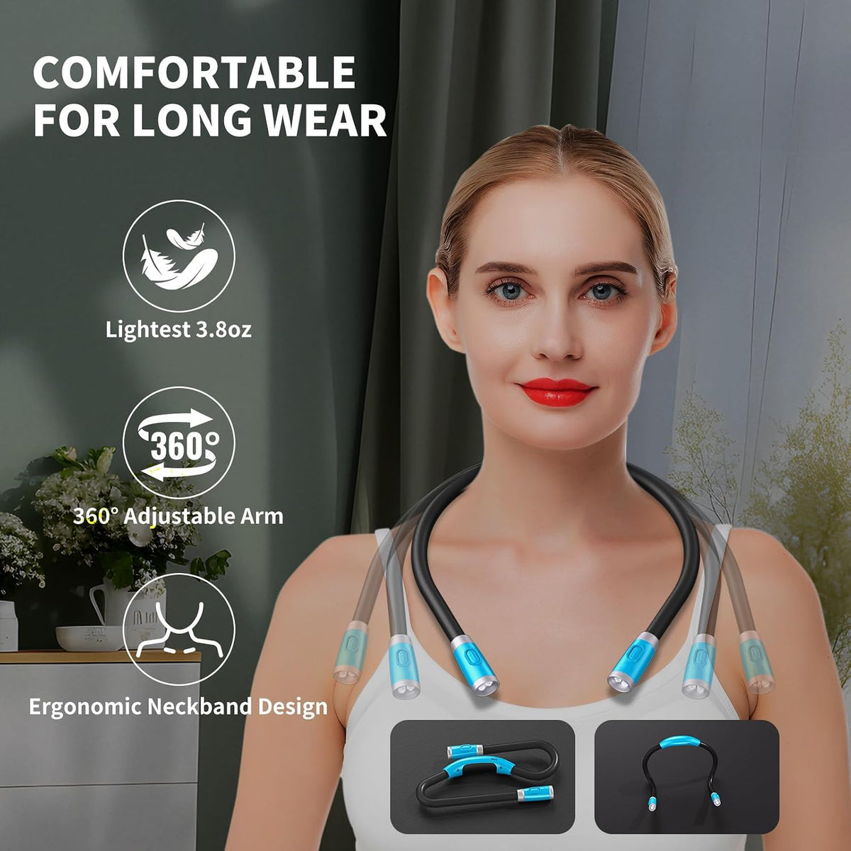 LUXJET Neck Reading Light & Book Light for Reading in Bed - Hands Free, 3 Colors & 6 Brightness Levels, 360° Flexible Arms, 80-Hour Rechargeable - Reading, Knitting, Camping, Repairing