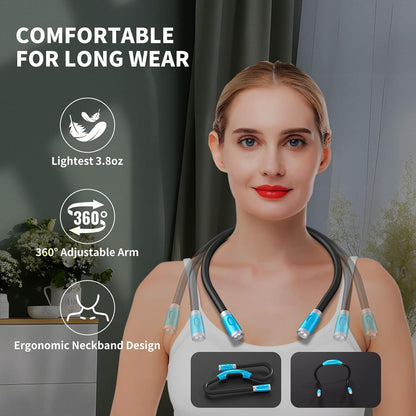 LUXJET Neck Reading Light & Book Light for Reading in Bed - Hands Free, 3 Colors & 6 Brightness Levels, 360° Flexible Arms, 80-Hour Rechargeable - Reading, Knitting, Camping, Repairing