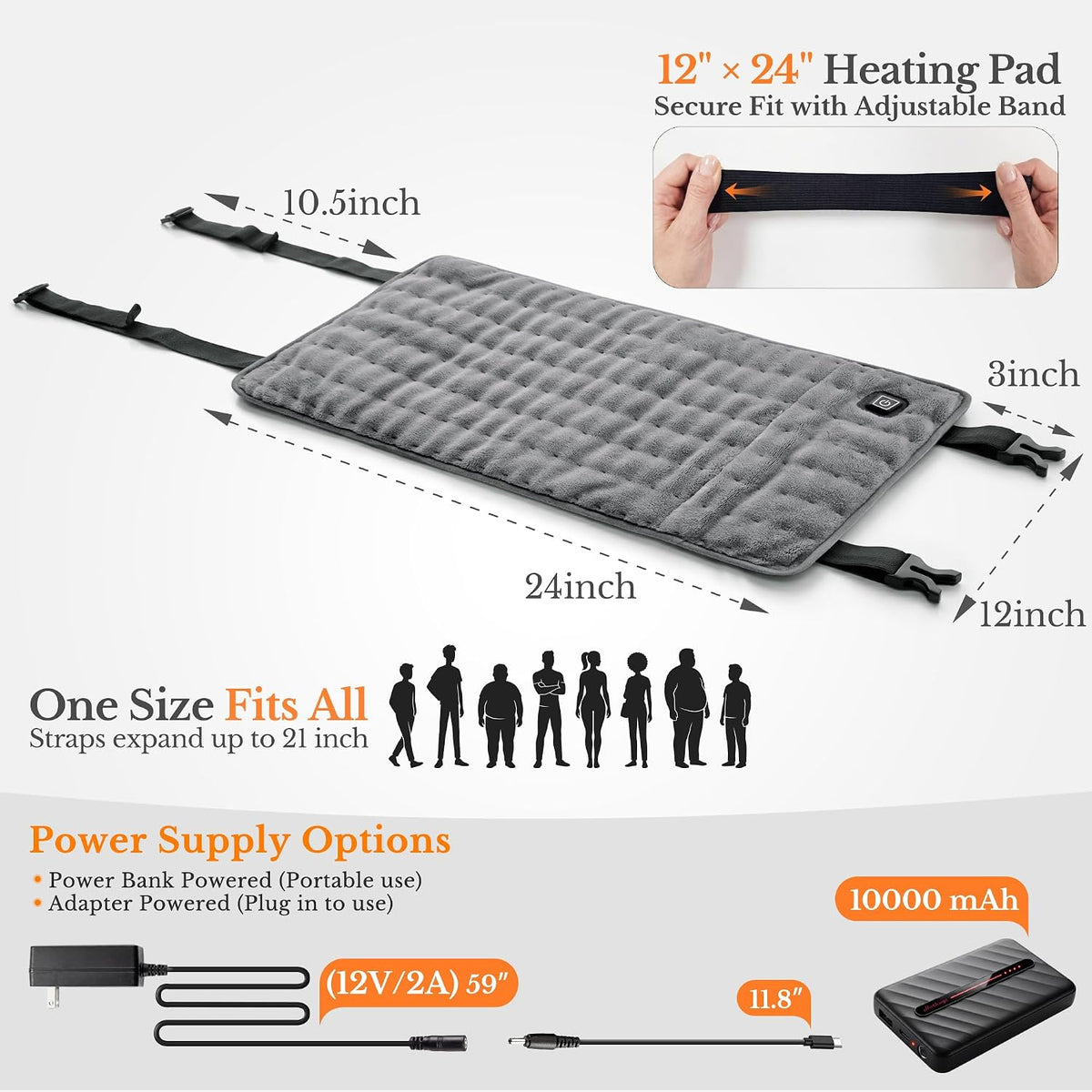 Portable Cordless Heating Pad for Back Shoulders 12x24, 10000mAh Battery
