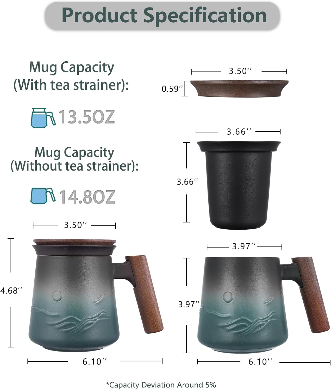 ZENS Tea Mug with Infuser and Lid for Loose Tea Steeper, 14.5oz Blue | Embossed Ceramic Tea Cup with Infuser for Herbal Tea Difussers, Tea Lovers Gifts, Modern Organic Wood Handle