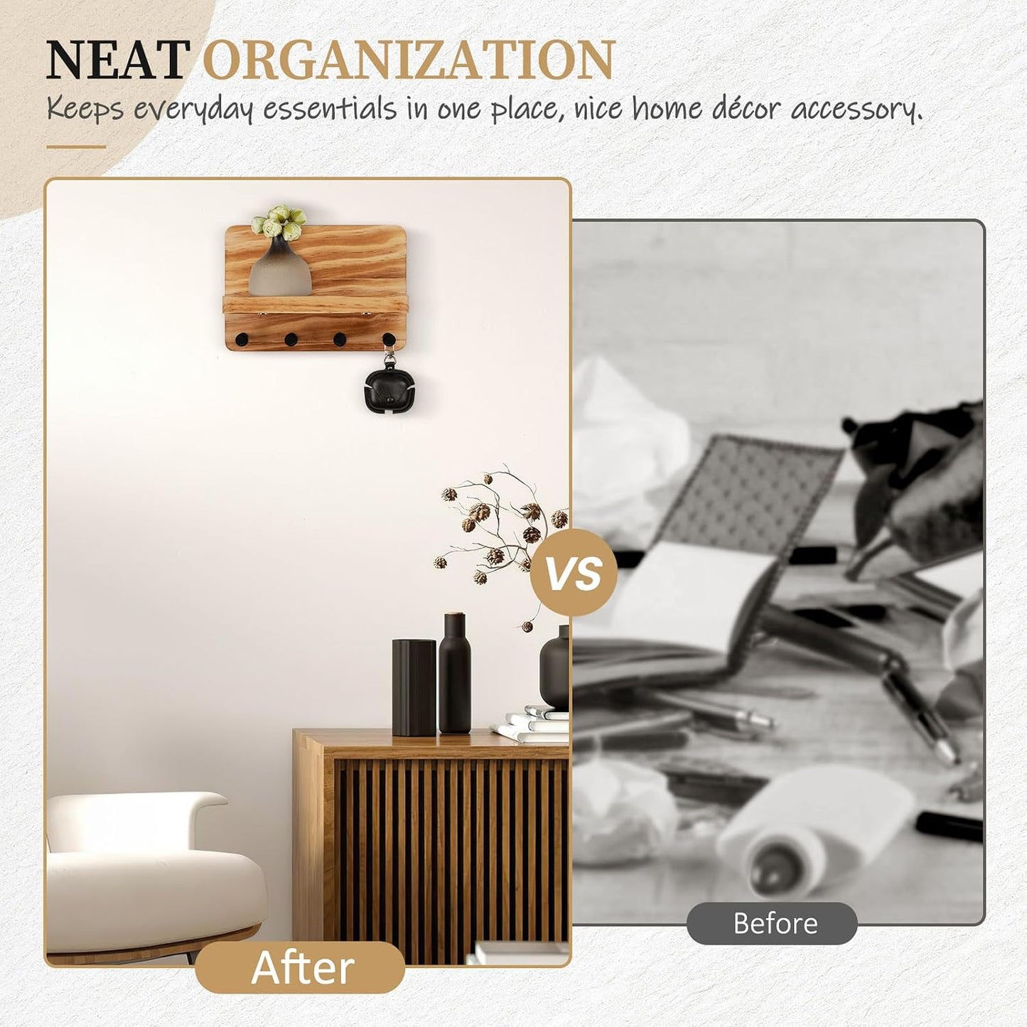 Nekon Key Holder for Wall with Shelf, Pine Wooden Key Hanger, Black | Small Wall Mounted Key Holder with 4 Hooks, Farmhouse Wall Organizer for Home Entryway & Apartment
