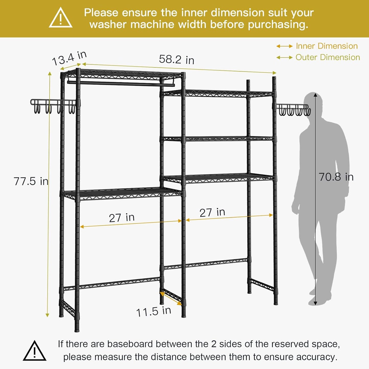 U5 Over the Washer and Dryer Storage Shelf, Laundry Room Space Saver | Bathroom Storage and Organizer Rack for Hanging Towel and Drying Clothes with 5 Wire Shelves, Black