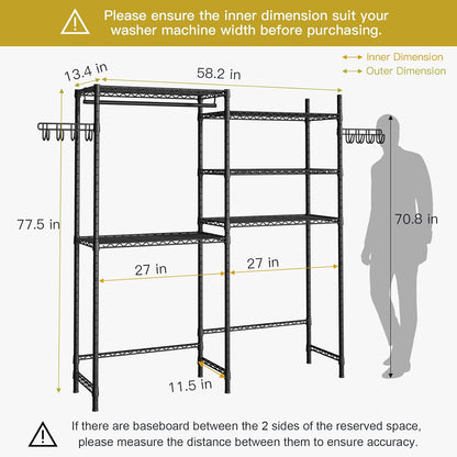 U5 Over the Washer and Dryer Storage Shelf, Laundry Room Space Saver | Bathroom Storage and Organizer Rack for Hanging Towel and Drying Clothes with 5 Wire Shelves, Black