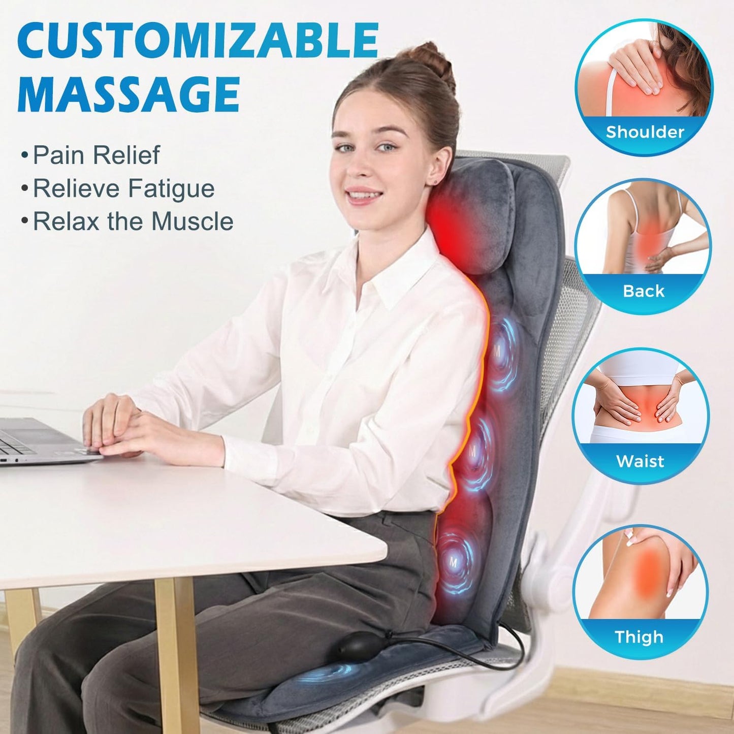 Back Massager with Soft Plush Fabric Cover, Massage Seat Cushion with 8 Vibration Motors & 2 Heating Levels, Chair Massager for Recliner, Office Chair, Sofa Use