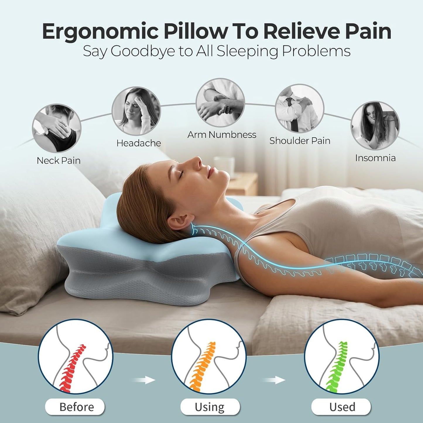 Besyodo Cervical Neck Pillow for Pain Relief - Ergonomic Side Sleeper Pillow for Neck Support, Memory Foam Pillows for Sleeping, Contour Pillow Bed Pillow for Back Stomach Sleepers