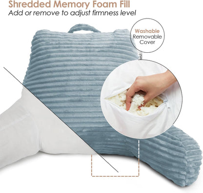 Hearth & Harbor Reading Pillow for Bed Adult – Back Pillow for Sitting in Bed, Standard Bed Pillows for Sitting Up in Bed, Foam Bed Chair Pillow, Stone Blue Bed Rest Pillow